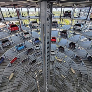 New cars for delivery in the Autoturm, interior view from top to bottom, Autostadt, Volkswagen AG,