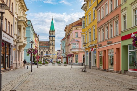 Georgstraße with a view of the town church in Meiningen, Thuringia, Germany, Europe