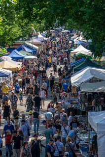 Flea market at the summer festival at the Gruga in Essen, 10-day fair at Messe Essen, with one of
