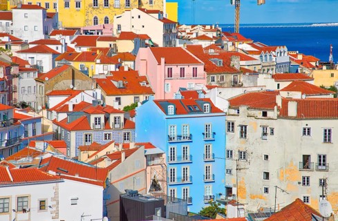 Scenic Alfama lookout with San Vicente (Saint Vincent) statue and Sao Vicente de Fora a church on