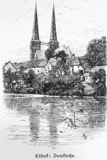 Cathedral church with mill pond, twin towers, water reflection, Hanseatic city of Lübeck,