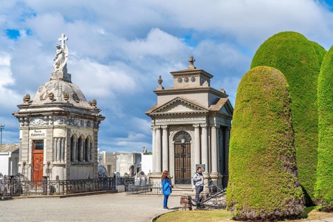 Grave mausoleums and trimmed bushes, historical cemetery Cementerio Sara Braun, city of Punta