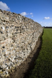 Brick work walls of Roman fort, Burgh Castle, Great Yarmouth, Norfolk, England, United Kingdom,