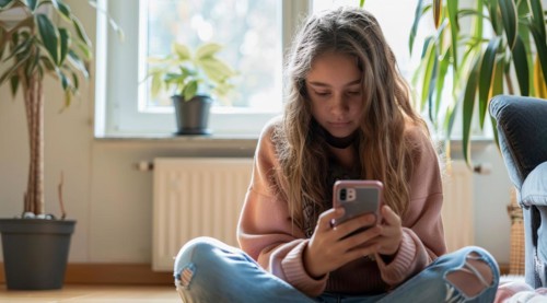 Teenager browsing internet on mobile device and playing with smartphone apps, AI generated