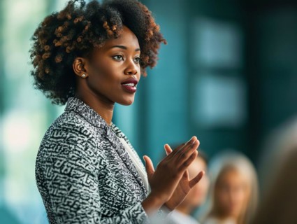 Confident successful black business manager woman executive explains business and success strategy,