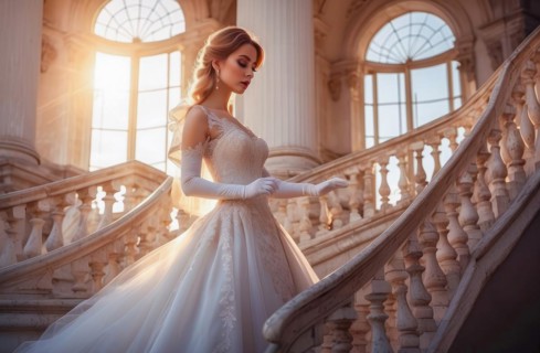 Happy young elegant bride in luxury dress and luxury setting waiting for wedding ceremony to begin,