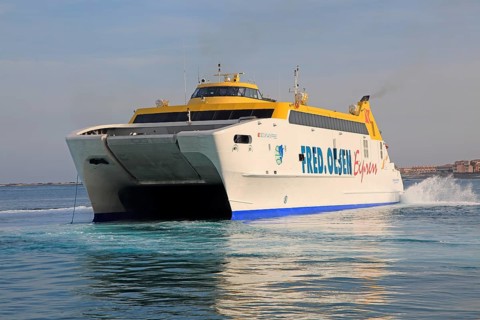 Fred Olsen Express ferry ship arriving at quayside, Corralejo, Fuerteventura, Canary Islands,
