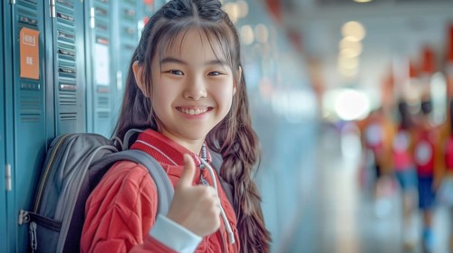 Cute asian school girl giving a thumbs up in the hallway of her school. generative AI, AI generated