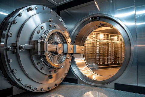 Open bank vault door, revealing a room filled with safety deposit boxes in safe depositary. The