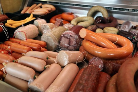 Sausage counter in a butcher's shop