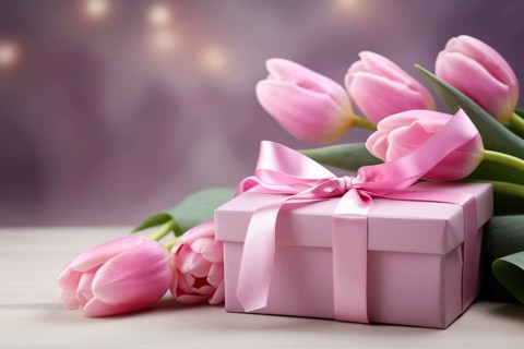 Gift Box with Pink Ribbon Beside bouquet of Fresh Tulips on Bokeh Background. Good for Valentine