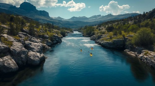 Aerial view of kayakers paddling along a beautiful mountain river. generative AI, AI generated