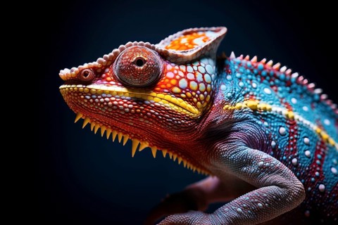 Vibrant close-up image capturing the intricate details and vibrant colors of a chameleon against a