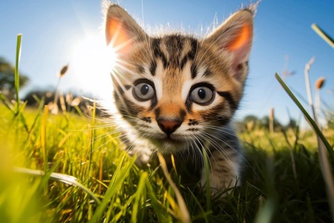 Playful Cute Kitten outdoors in Sunlit Grass. Kitten excitement and wonder as it explores the