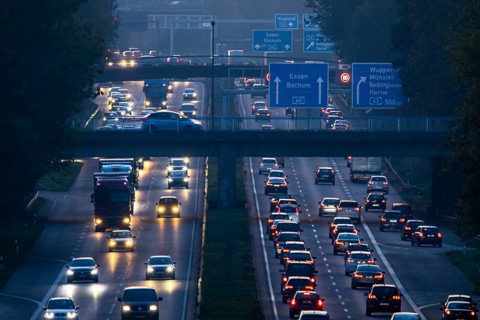 Motorway A40, Ruhrschnellweg, near Bochum, heavy evening traffic, in front of the motorway junction