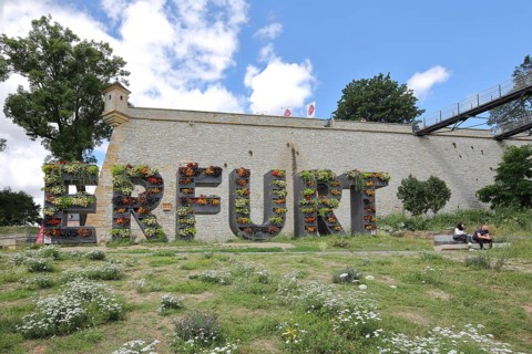 Lettering Erfurt with planting, greening, vertical garden, nature, green, bastion, two people