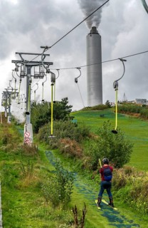 CopenHill, waste incineration plant and artificial ski slope, skiing with a view of the Øresund,