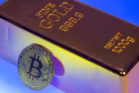 Cryptocurrency, gold bar, guarantor for analogue currencies, symbol coin, optical placeholder for