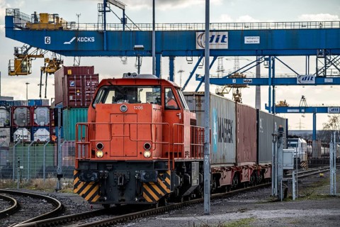 Containers arrive by train at the Logport, DIT, Duisburg Intermodal Terminal, part of the new Silk