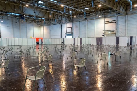 Construction of a vaccination centre for corona vaccinations, in a hall at Messe Essen, by the