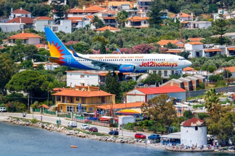 A Boeing 737-800 Jet2 aircraft with registration G-JZBP at Skiathos Airport, Greece, Europe