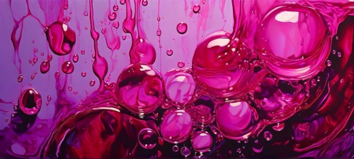 A cluster of iridescent vibrant magenta oil bubbles floating on a water surface, AI generated