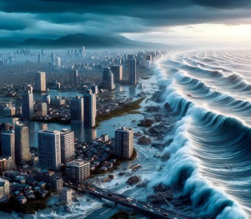 A monster wave, a tsunami, floods and destroys the houses of a city, climate change, climate