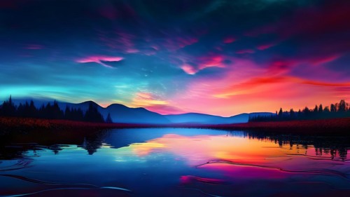 AI generated painting of a surreal landscape with mountains and a lake with digital brush strokes