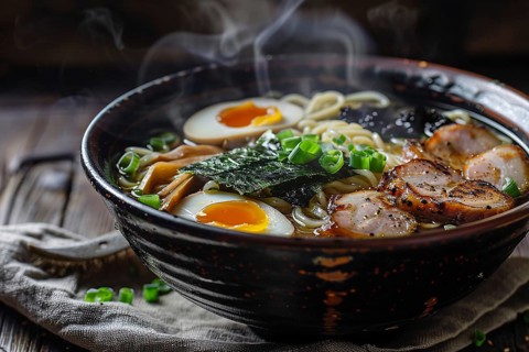 Ramen with miso broth, tender pork slices, soft-boiled egg, and nori in bowl. Generative Ai, AI