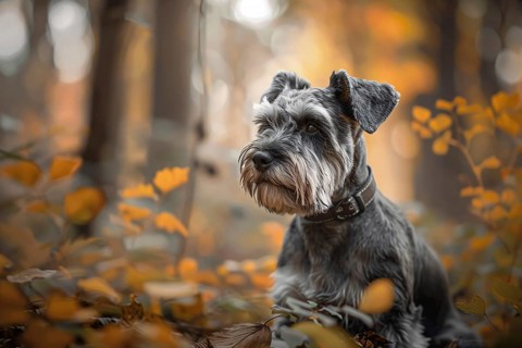 Cute Schnauzer dog in forest. Generative Ai, AI generated
