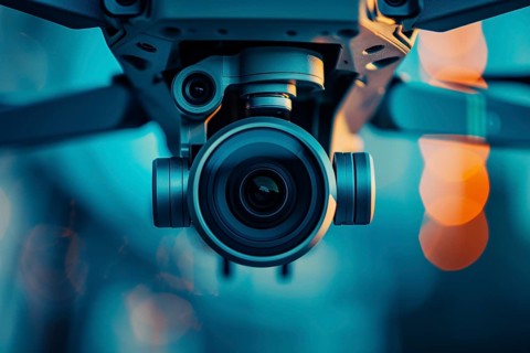 Flying drone with Video and photo camera lens. Generative Ai, AI generated