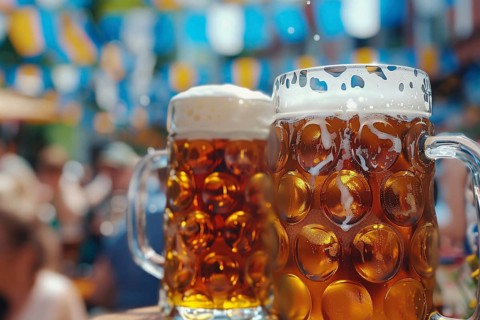 Beer mug swith blue and white Oktoberfest festival flags in background. Generative Ai, AI generated