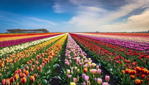 Agriculture, dense, intensely colourful flowering tulip field in Holland, AI generated, AI