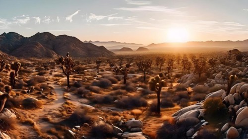 Mojave desert with joshua trees sprinkled in a sunrise, AI generated