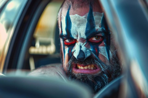 Angry, aggressive man with war paint sits behind the wheel, symbolic image for aggressive behaviour