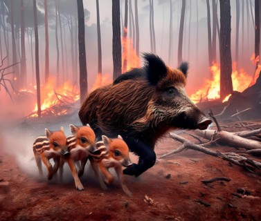 Climate change, global warming, environmental catastrophe, a female wild boar with young boar flees