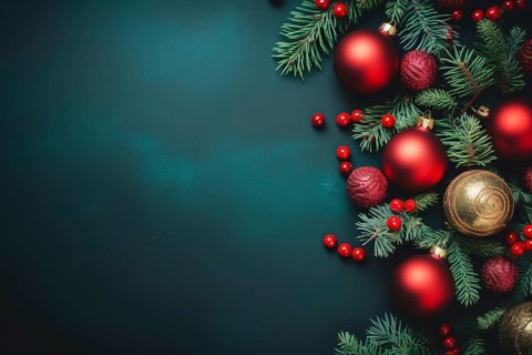 Flatlay with red Christmas tree baubles, berries and tree branches with copy space. KI generiert,