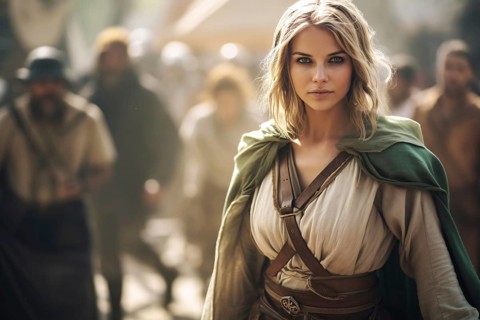 Pretty woman in medieval style fantasy role playing game costume garment with blurry people at