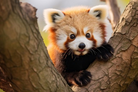Cute red panda bear in tree. KI generiert, generiert, AI generated