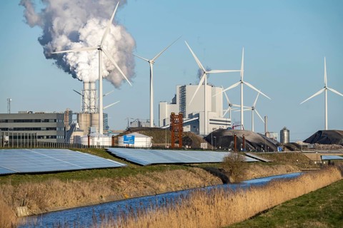 Solar park on the Slaperdijk dyke near the Eemshaven, test project, 17, 000 solar modules were
