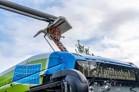 Electric bus from Stadtwerke Münster, at a fast charging station, bus stop, Dieckmannstrasse bus
