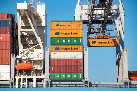 Container loading in the seaport of Rotterdam, Maasvlakte 2, Container Terminal, in Rotterdam
