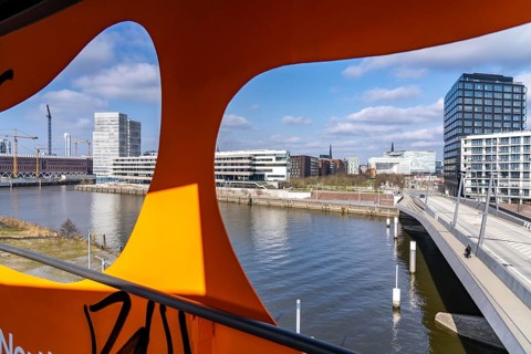 View from the ViewPoint observation tower to the Baakenhafen bridge over the Bakenhafen harbour,