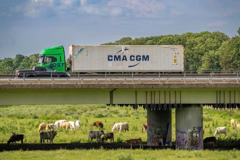 Container lorry on the A40 motorway, bridge over the Ruhr and Styrumer Ruhrauen, herd of cattle,