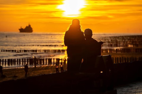 Sunset on the beach of Zoutelande, beach with wooden pile breakwaters, tourists, cargo ship sailing