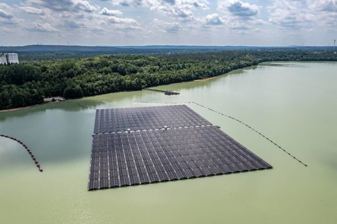 Germany's largest floating solar power plant on the Silbersee III, a quarry pond no longer used for