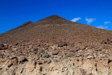 Volcanic peaks against deep blue sky, Jandia peninsula, Fuerteventura, Canary Islands, Spain,