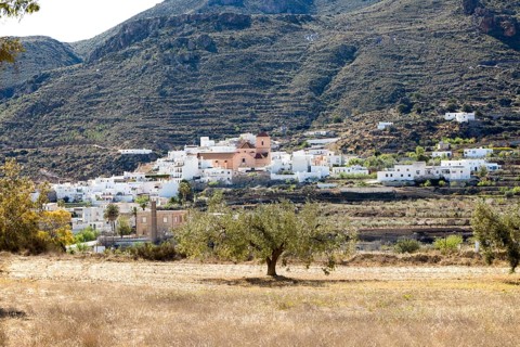 Landscape and small village of Lucainea de las Torres, in Sierra Alhamilla mountains, near Nijar,