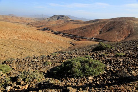 Bare moon-like arid landscape in mountains between Pajara and La Pared, Fuerteventura, Canary