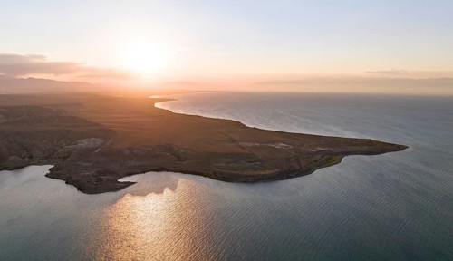 Evening mood, aerial view, landscape at Lake Issyk Kul, Kyrgyzstan, Asia